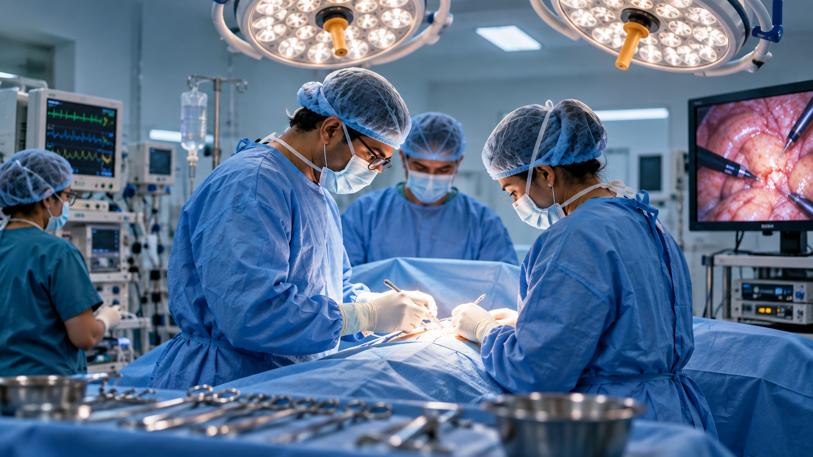 Surgical team preparing for a general surgery procedure at Arunachala Hospital in Kadapa