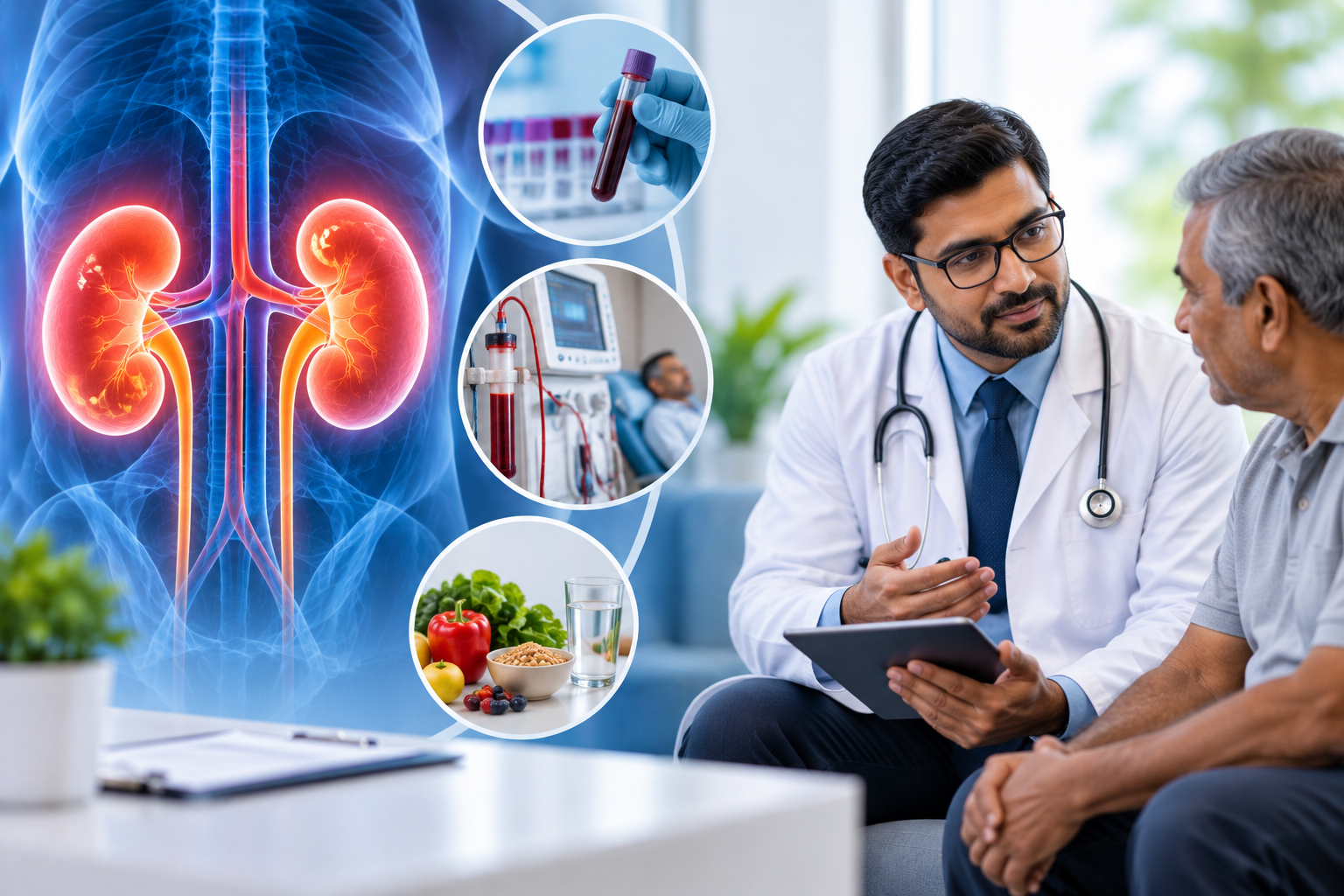 Nephrologist reviewing kidney function test results at Arunachala Hospital in Kadapa